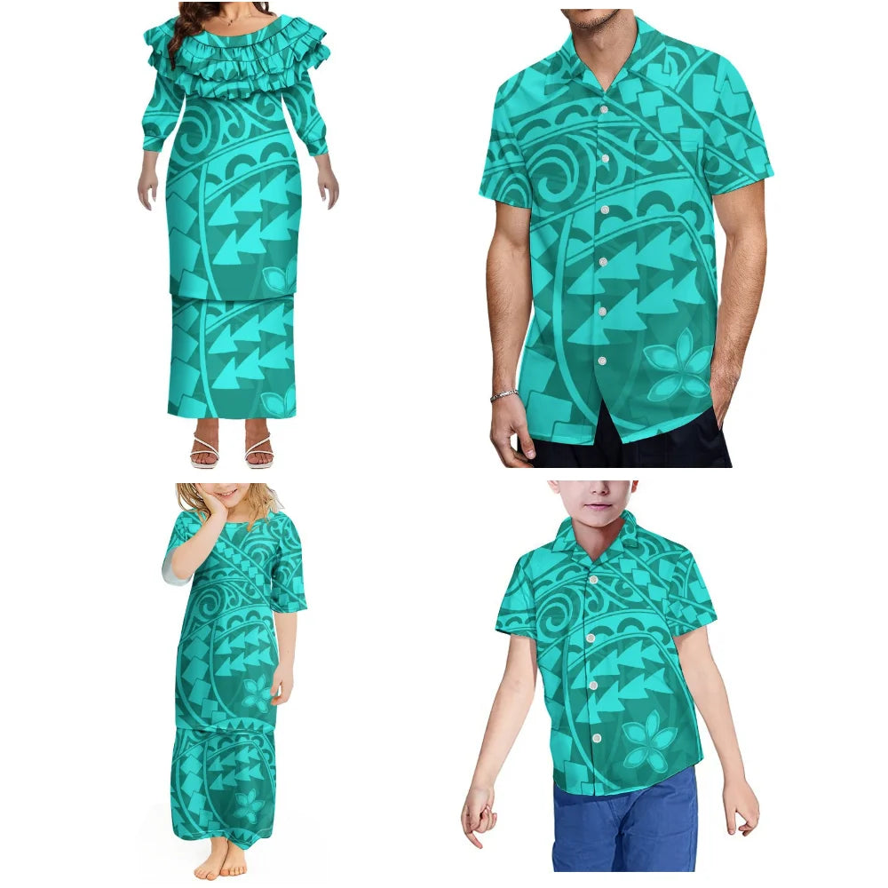 Casual Family Wear Elegant Lotus Leaf Lace Mid-Sleeved Fitted Puletasi Suit Dress Women'S Dress Polynesian Custom Men'S Shirt