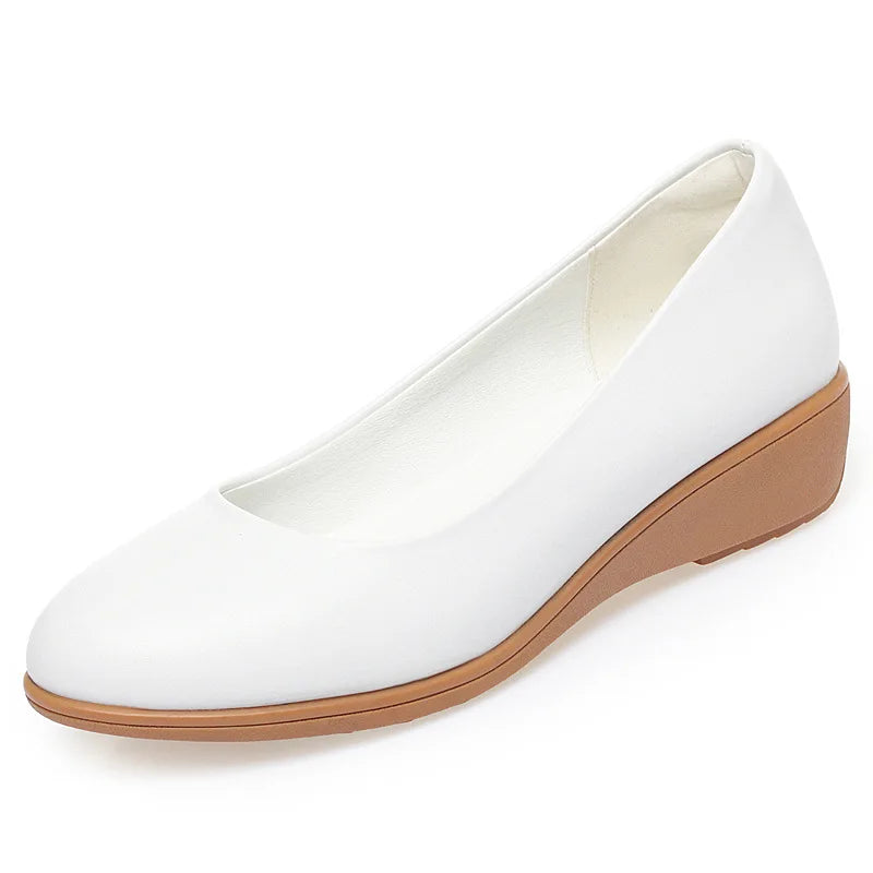 Classic White Soft Pu Leather Wedge Heel Shoes for Women Spring and Autumn New Comfortable and Versatile Work Shoes for Women