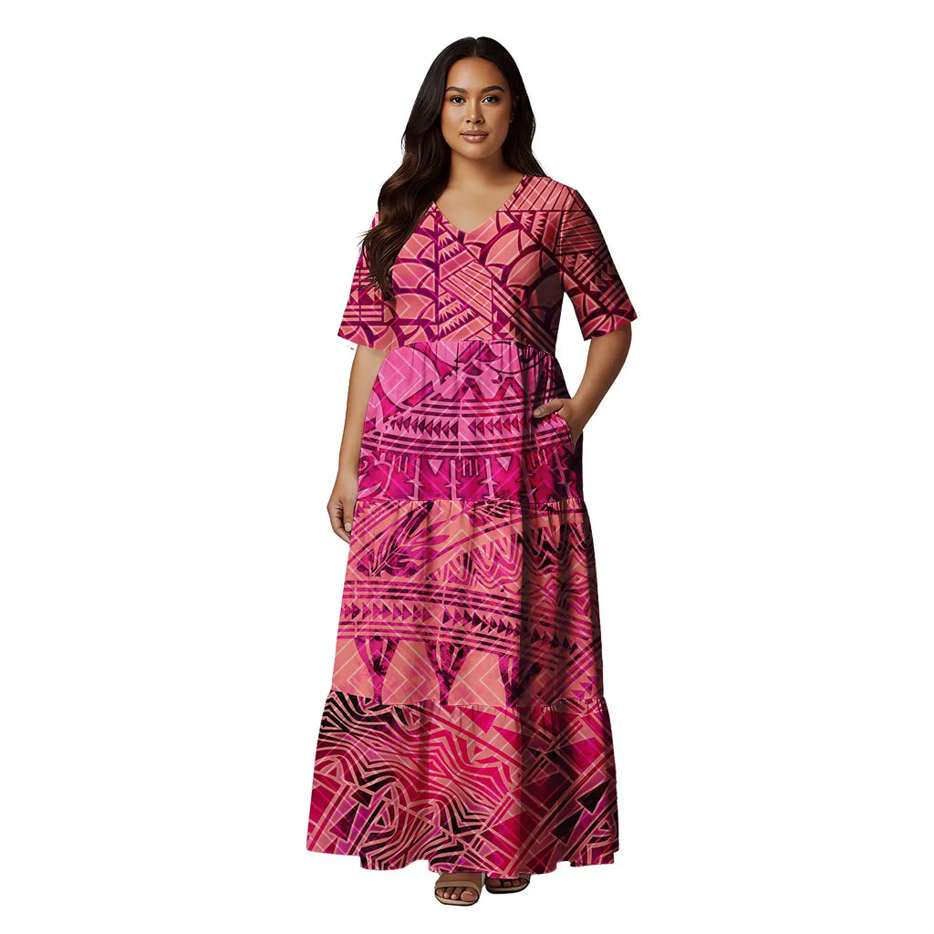 Short Sleeve Hawaii Tropical Floral Pattern Tiered Cake Dress Maxi Polynesian Clothing Tribal Is land Fiji Tonga Church Dress