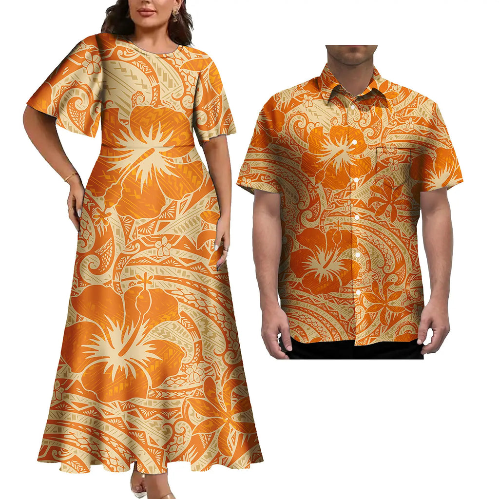 Latest Plus Size Couple Clothing Polynesian Tropical Print Women's Casual Dress Island Style With Matching Men's Hawaiian Shirt