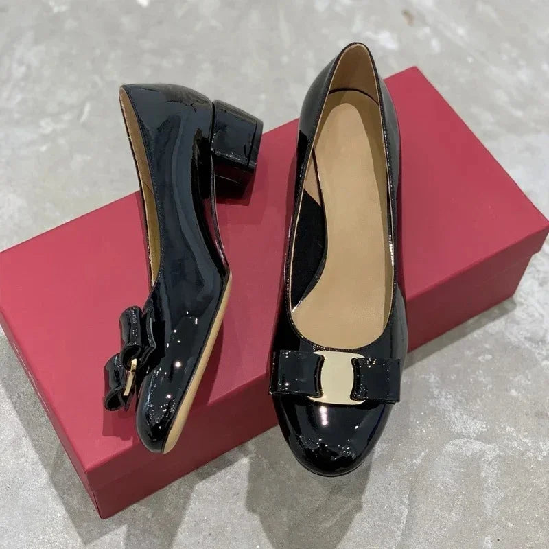 2025 FANGXITING Women's Bow Leather Shiny Leather Block Heels Classic Brand High Quality 100% Handmade Flats