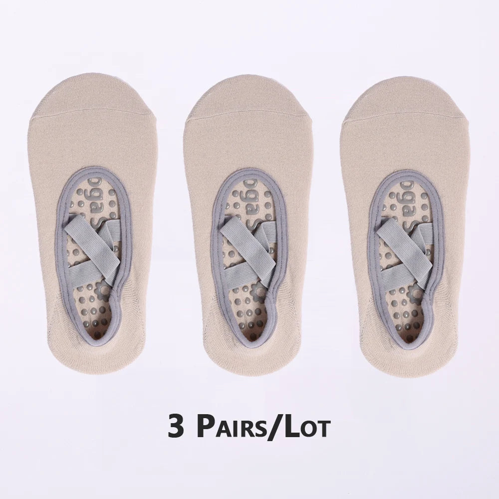 3 Pairs Non-Slip Pilates Socks Bandage Cotton Backless Yoga Socks for Women Fitness Ballet Dance Workout Sport Socks Slipper