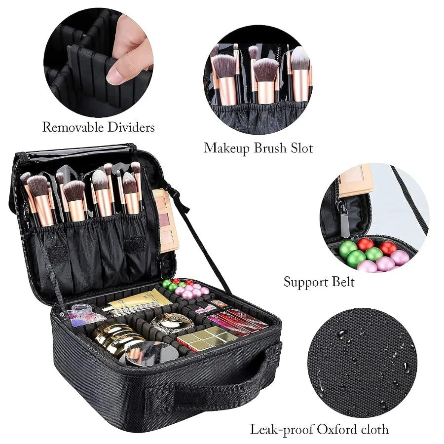 Travel cosmetic bag women's portable cosmetic case professional cosmetic storage box with adjustable dividers can store makeup