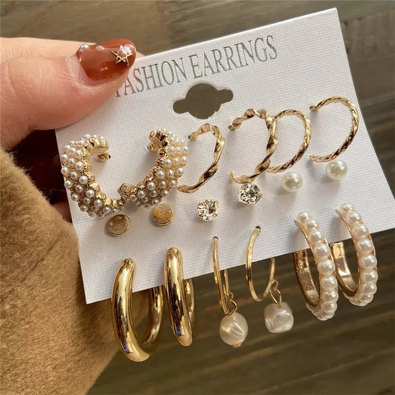 Fashion Geometric Hoop Earrings Set for Women Vintage Bohemian Pearl Gold Color Round Earring Punk Daily Wear Jewelry Gifts 2025