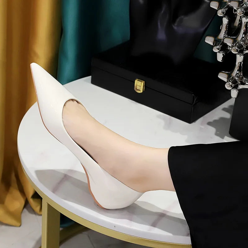 2025 New Spring Women Low High Heels Dress Party Pointed Toe Patent Leather Pumps Ladies White Black Nude Wine Red Shoes F0001