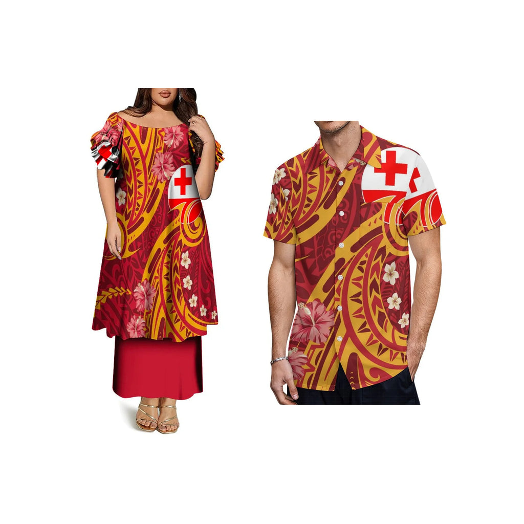 Custom Frill Short Sleeve Womens Dress Polynesian Samoan Puletasi Dress 2 Piece Pacific Island Design Off the Shoulder Dress