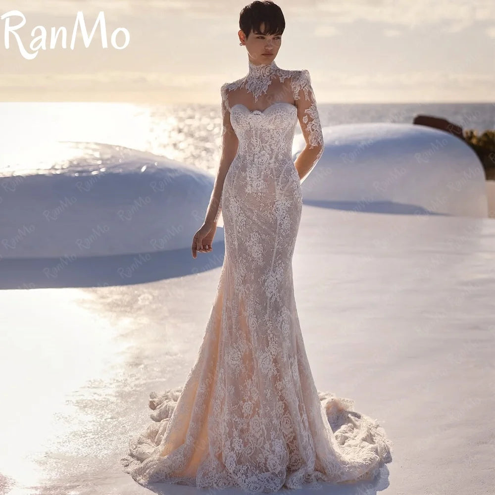 Ranmo Exquisite Mermaid Wedding Dress luxury High Collar Bridal Gown Lace Long Sleeve Customized Vestidos De Novia Court Train