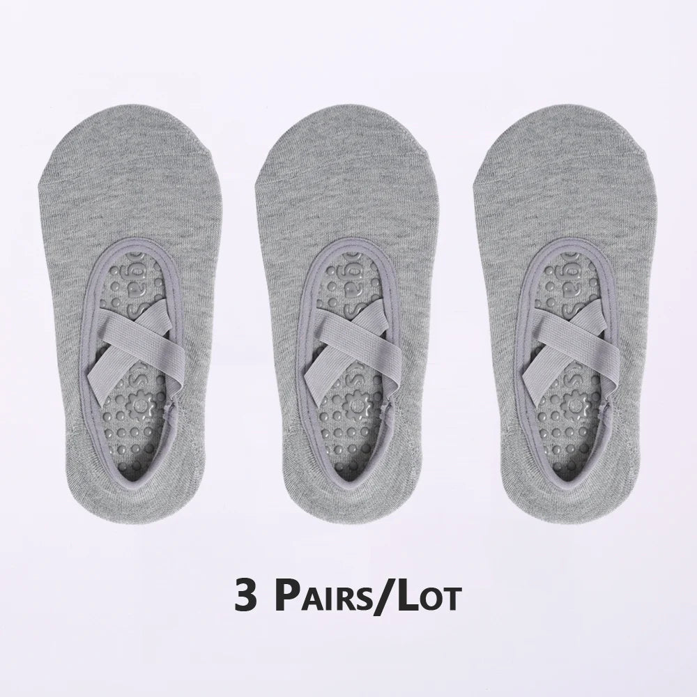 3 Pairs Non-Slip Pilates Socks Bandage Cotton Backless Yoga Socks for Women Fitness Ballet Dance Workout Sport Socks Slipper