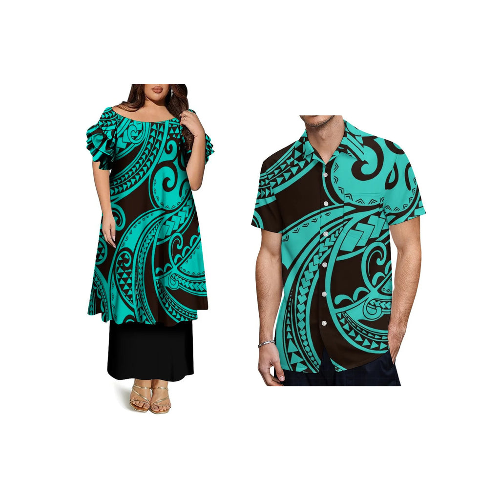 Custom Frill Short Sleeve Womens Dress Polynesian Samoan Puletasi Dress 2 Piece Pacific Island Design Off the Shoulder Dress
