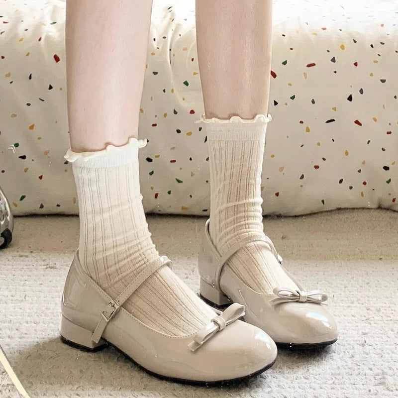 Spring Autumn Wine Red Mary Jane Shoes For Women Low Heel  Fashion Butterfly-knot Roud Toe Female Eelgant Dress Leather Shoes