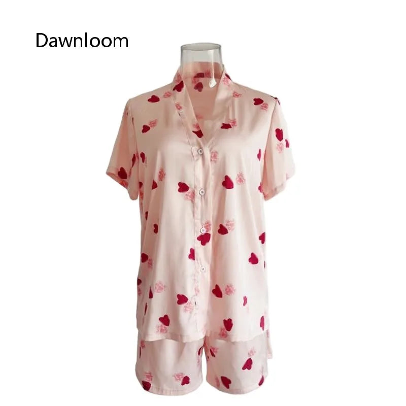 Dawnloom Girl’s Light Pink Heart Print Satin Short-Sleeve & Shorts Two-Piece Pajamas Sweet Vibrant Home Loungewear