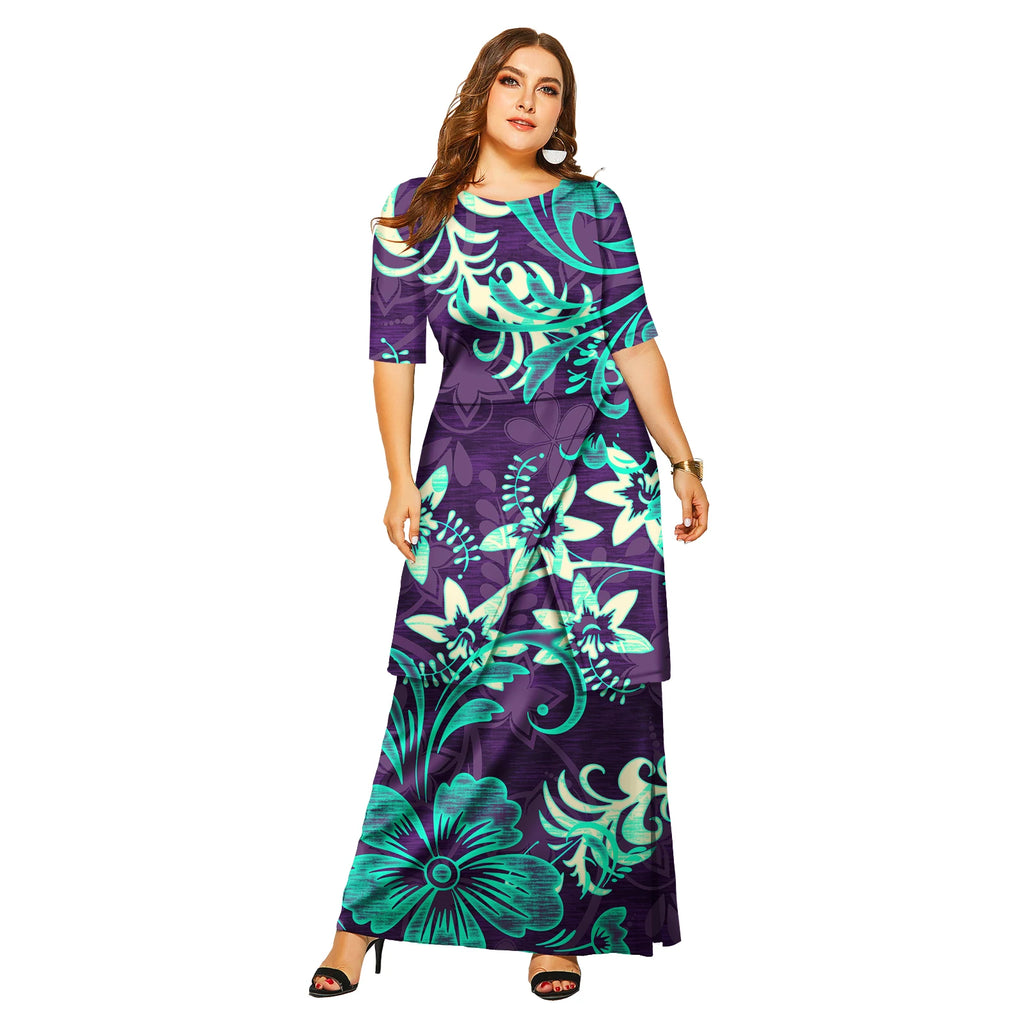 New Fashion Floral Sleeve Elegant Women Long Dress Pacific Island Hawaiian Beach Wear Puletasi Dresses