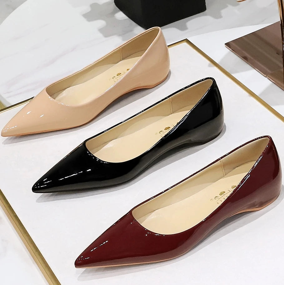 2025 New Spring Women Low High Heels Dress Party Pointed Toe Patent Leather Pumps Ladies White Black Nude Wine Red Shoes F0001