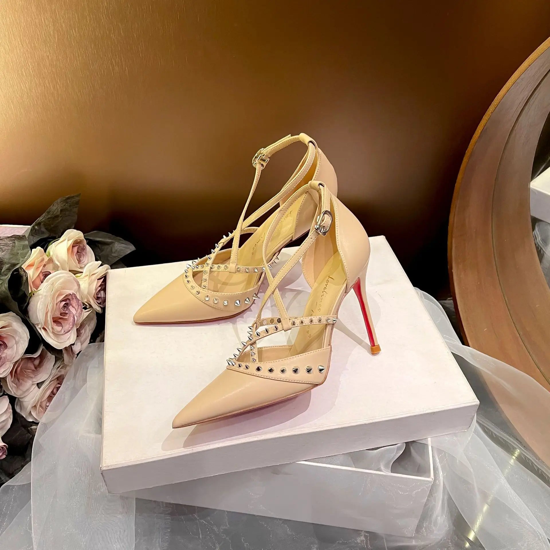 Retro Woman Shoes Sandals Stiletto Heels Suit Female Beige Original Gladiator Fashion Sexy Studded Leather High Girls Black Comf