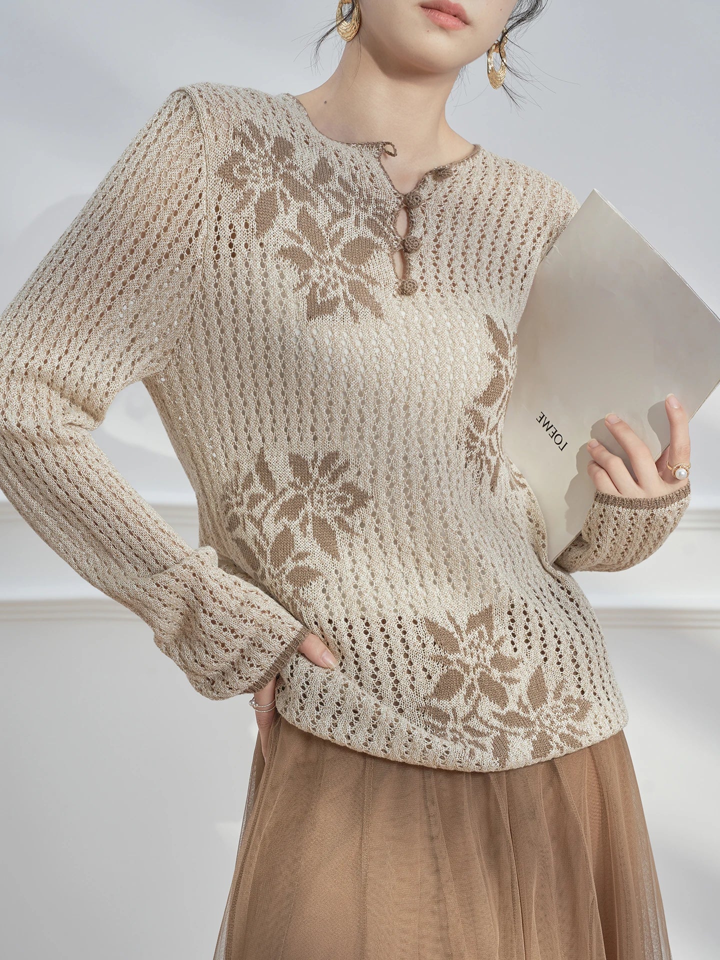 Early Autumn Knitted Long Sve Top Casual Hollow out Sun Protection Cover up Slimming Color Blo Vintage Anti-Aging