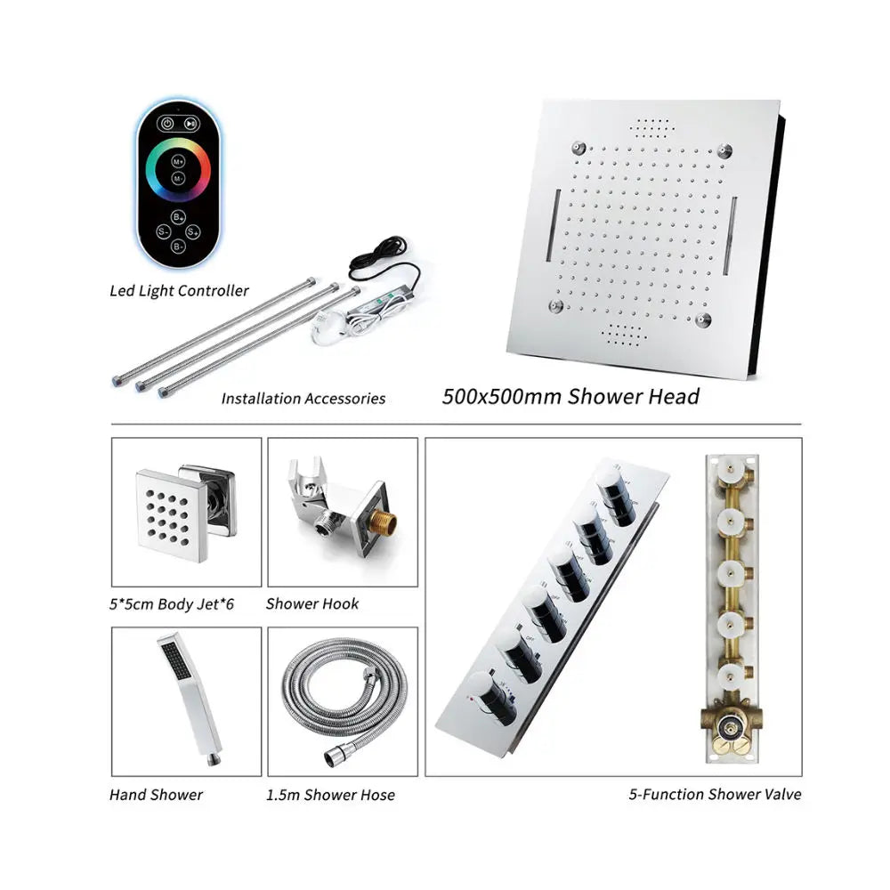 Smart LED Shower Head Rainfall Rain Massage Thermostatic Concealed Bathroom Set Polished Ceiling Mount Rainfall Thermostatic