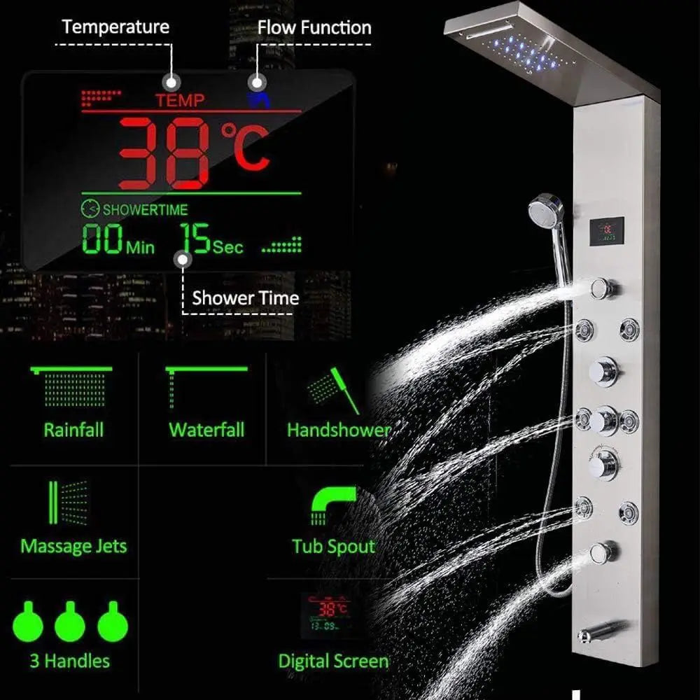 6-in-1 Brushed Nickel Shower Panel with LED, Adjustable Jets, Waterfall, Handheld, and Tub Spout