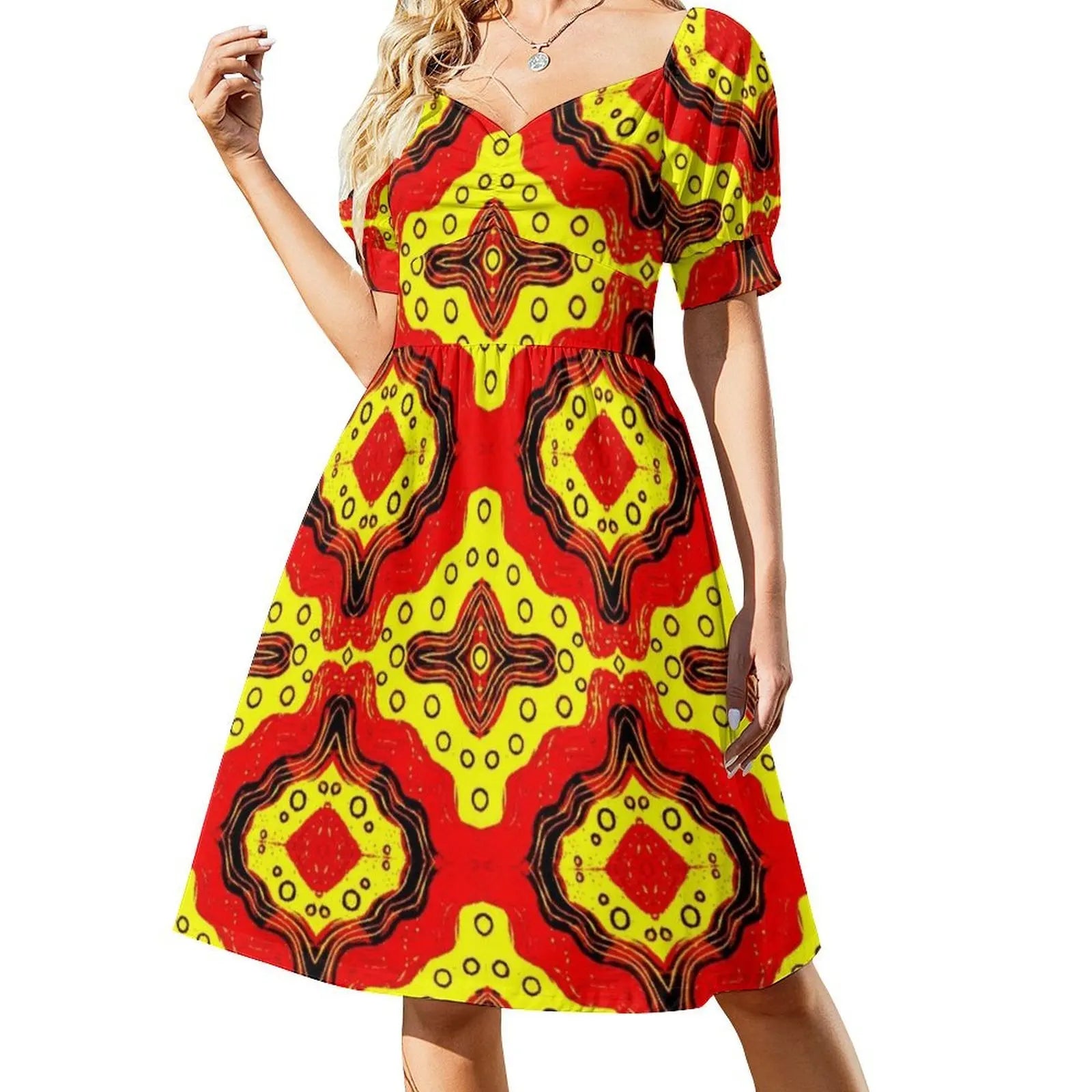 Pattern In Red And Yellow Women's Elegant Party Dress A-Line Dress With Short/Long/Sleeveless Options Pattern Red Yellow Red