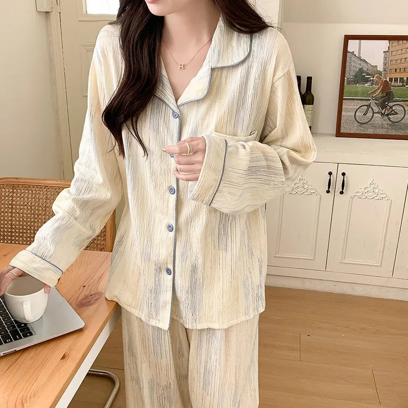 Striped Minimalist Pajamas Women Plus Size Long Sleeve Trousers Ladies Nightwear Pregnant Women's Clothing Set Fashion Sleepwear