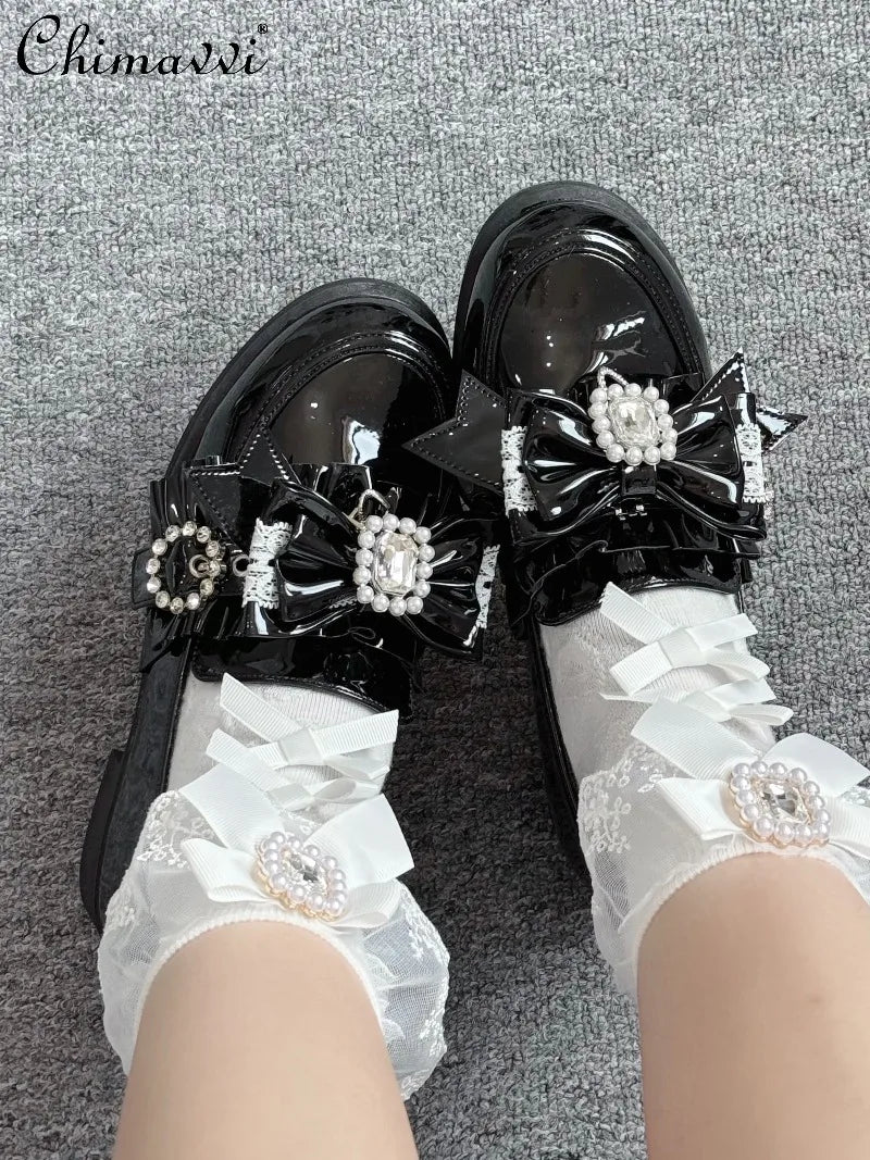 Original Japanese Mine Series Low Heel Leather Shoes Sweet Cool Girl Cute Bow Mass Production Loafers JK Student Single Shoes