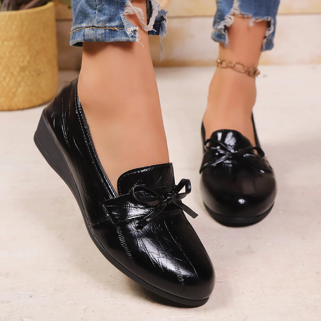 Fashion New Comfortable Bow Casual Shoes Spring and Autumn Shallow Mouth Round Head Slope Heel Thick Soled Women's Shoes