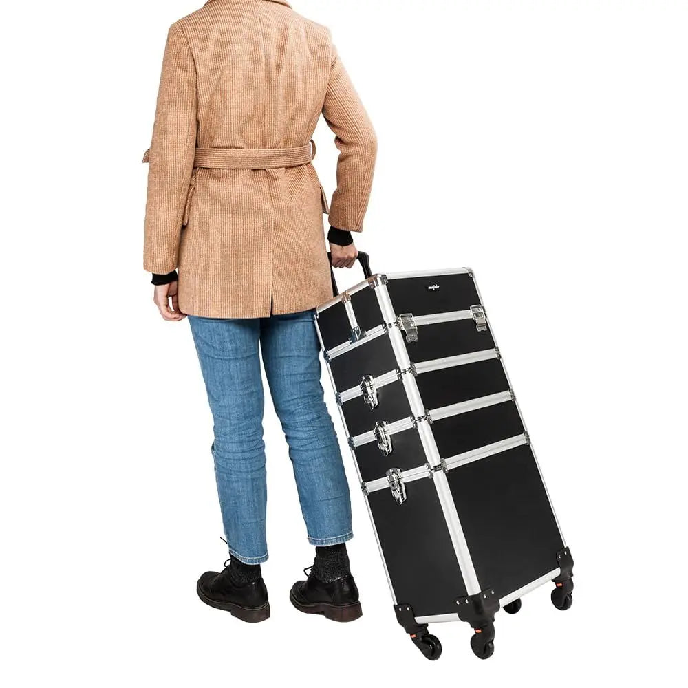 Aluminum 4-in-1 Rolling Makeup Train Case, Portable Travel Organizer with Wheels, Lockable Beauty Storage Suitcase (Black)