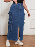Denim Long Skirt for Women Street Style Cargo Design Split Hem Chic Outfit Casual Fashion Clothing Pants