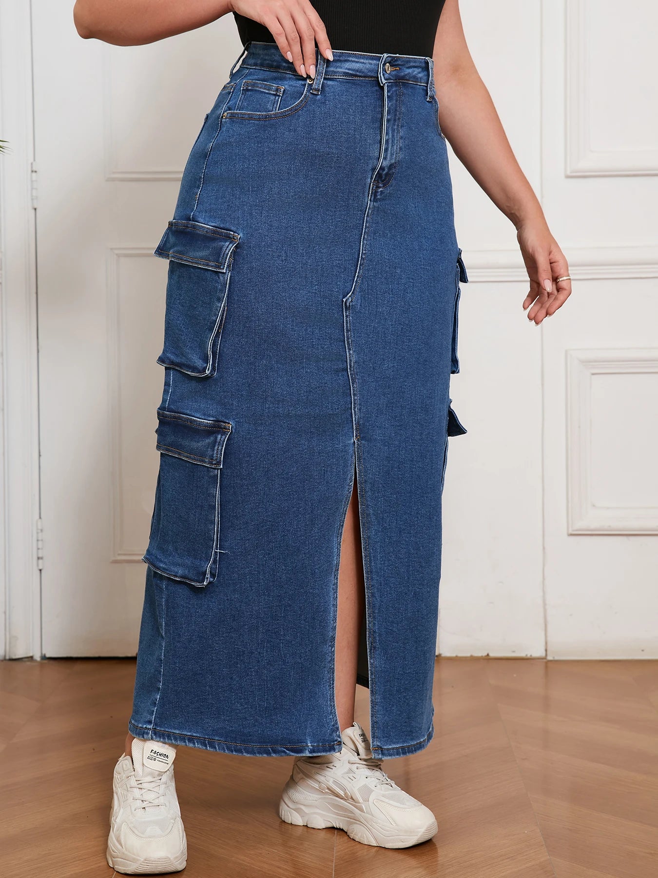 Denim Long Skirt for Women Street Style Cargo Design Split Hem Chic Outfit Casual Fashion Clothing Pants