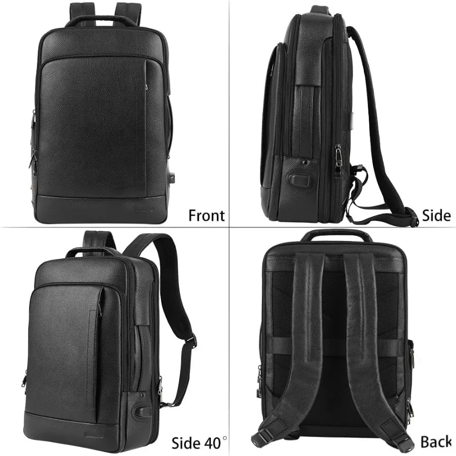 Full Grain Genuine Leather Backpack for Men Multi-Functional 15.6" Laptop Backpack with USB Charging Black Convertible Business