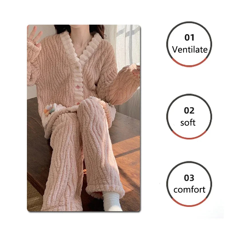 Thickened Warm Flannel Women's Pyjamas Loungewear Outside Suit Winter Sweet Cute Soft Fairy Wind Female Sleepwear Homewear