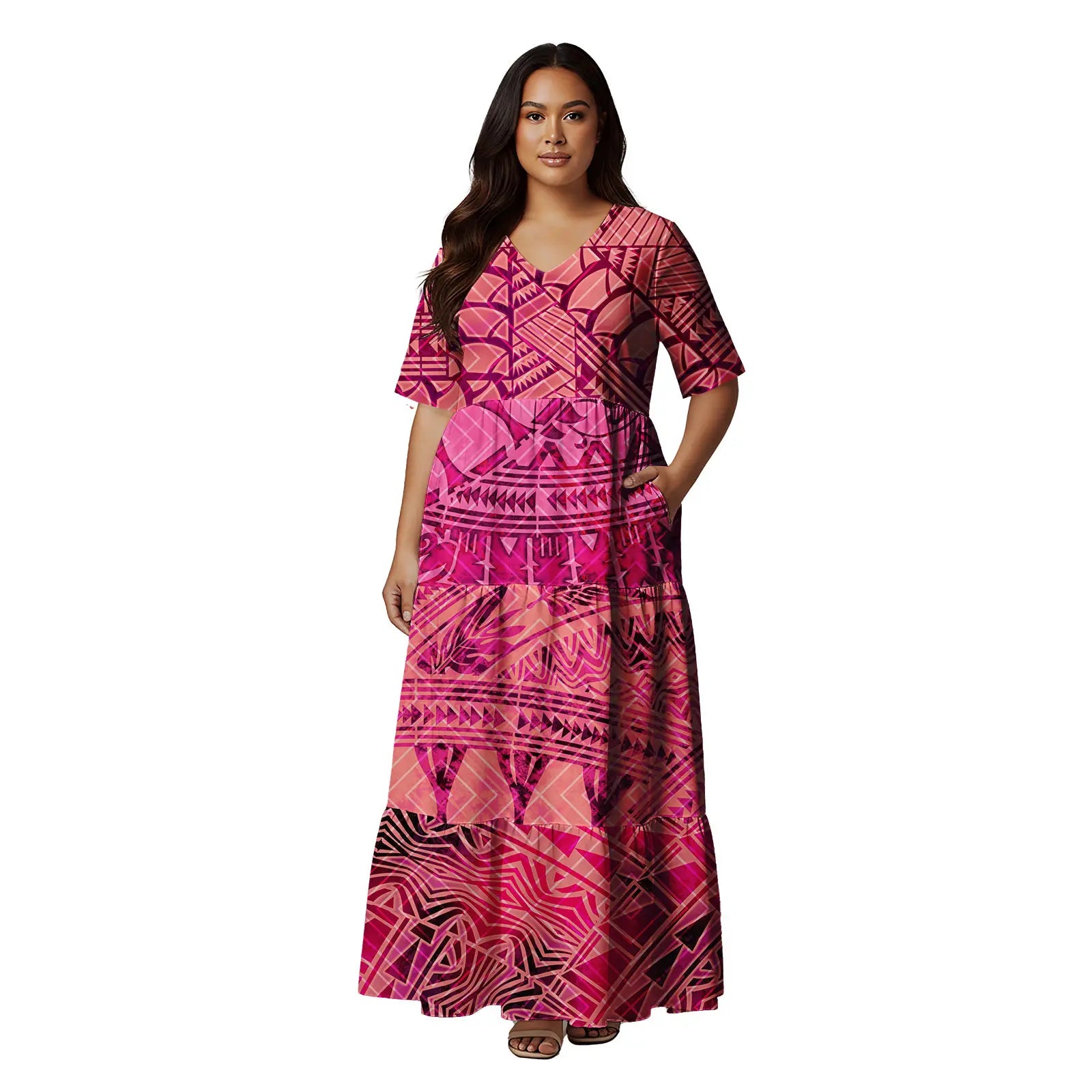 Short Sleeve Hawaii Tropical Floral Pattern Tiered Cake Dress Maxi Polynesian Clothing Tribal Is land Fiji Tonga Church Dress