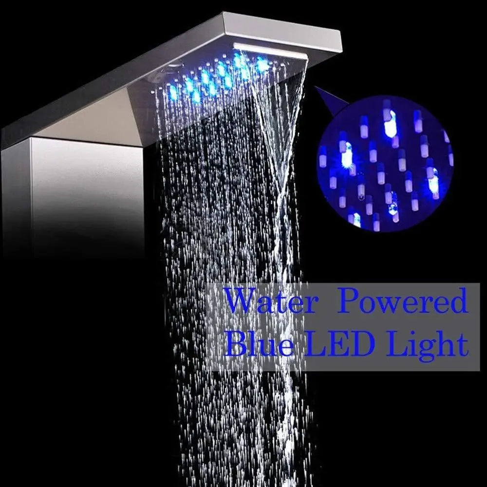 6-in-1 Brushed Nickel Shower Panel with LED, Adjustable Jets, Waterfall, Handheld, and Tub Spout