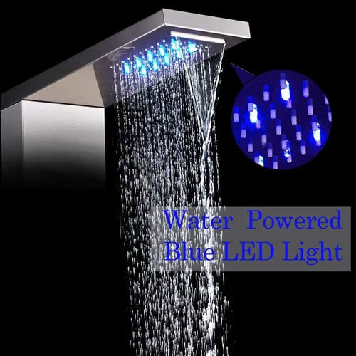 6-in-1 Brushed Nickel Shower Panel with LED, Adjustable Jets, Waterfall, Handheld, and Tub Spout