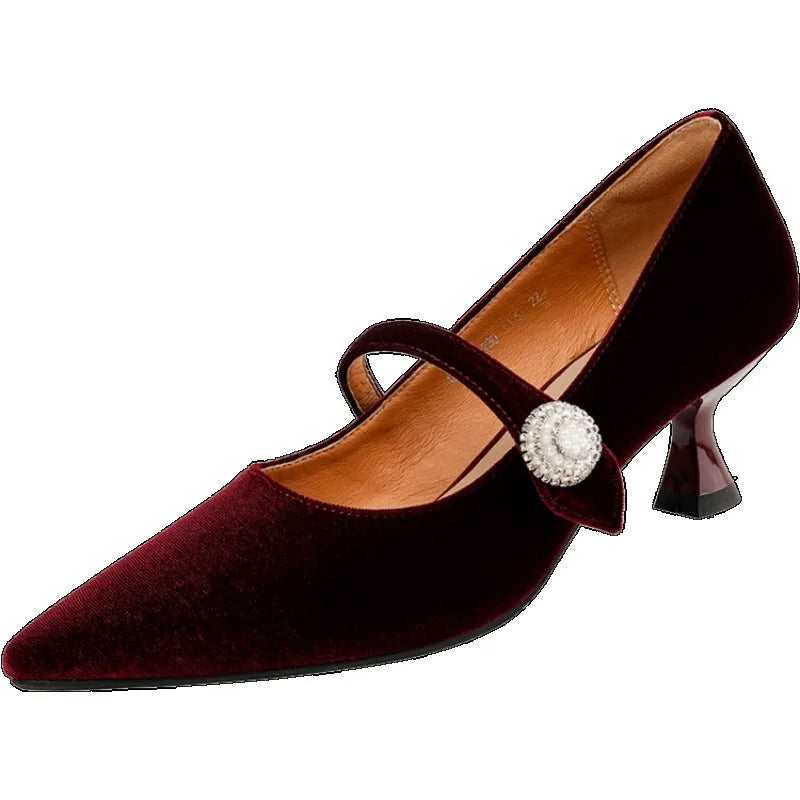 Wine Red Pointed Toe Mary Jane Shoes Women's Vintage One Buckle Stiletto Pointed Toe Single Shoes Velvet Pumps