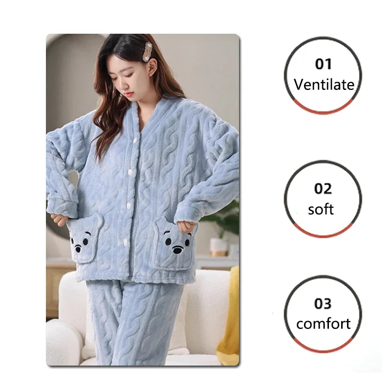 Thickened Warm Coral Velvet Pyjamas Women's Autumn and Winter Cartoon Bear Print Striped Flannel Student Sleepwear Homewear