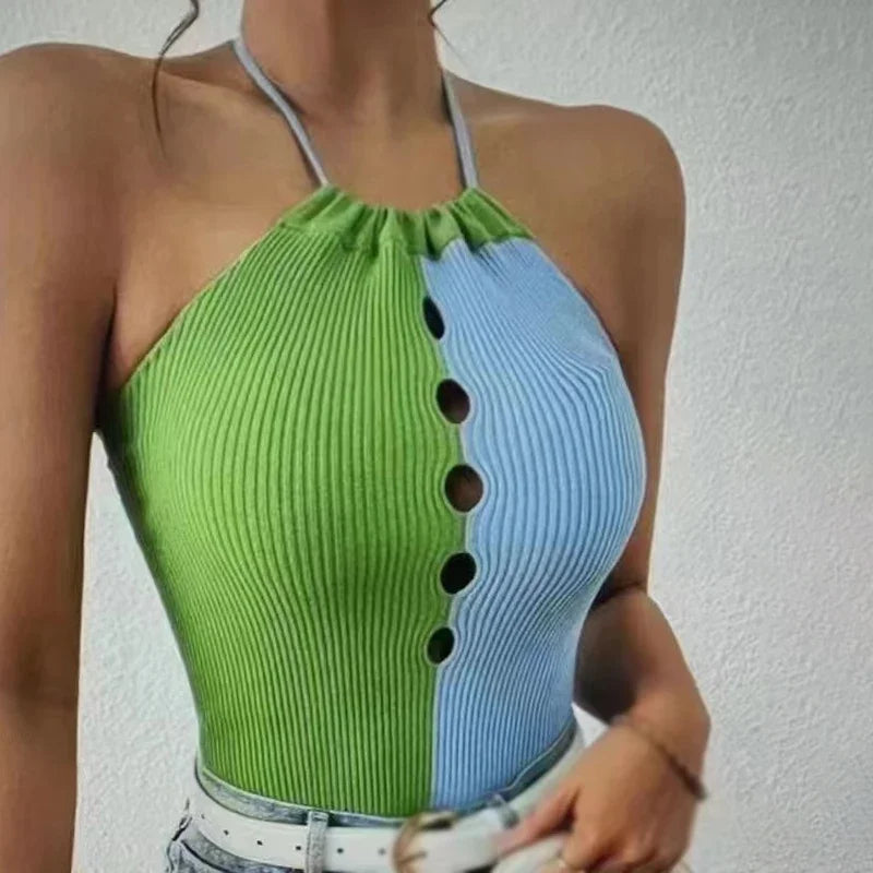 Women Summer Vest Top Sexy Halter Hollow Out Slim Fit Crop Top Knitted Camisole Top Lady Contrast Color Sleeveless Tank Tops