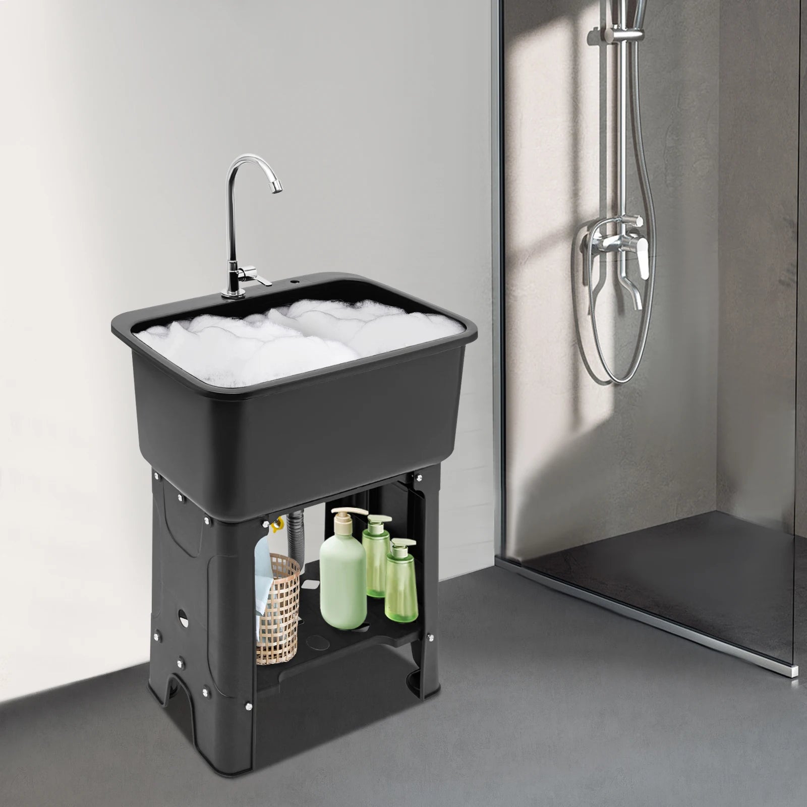 Freestanding Stainless-Steel Utility Sink with Storage Shelf with 360° Rotatable Faucet for Cleaning Clothes, Pets, Pots