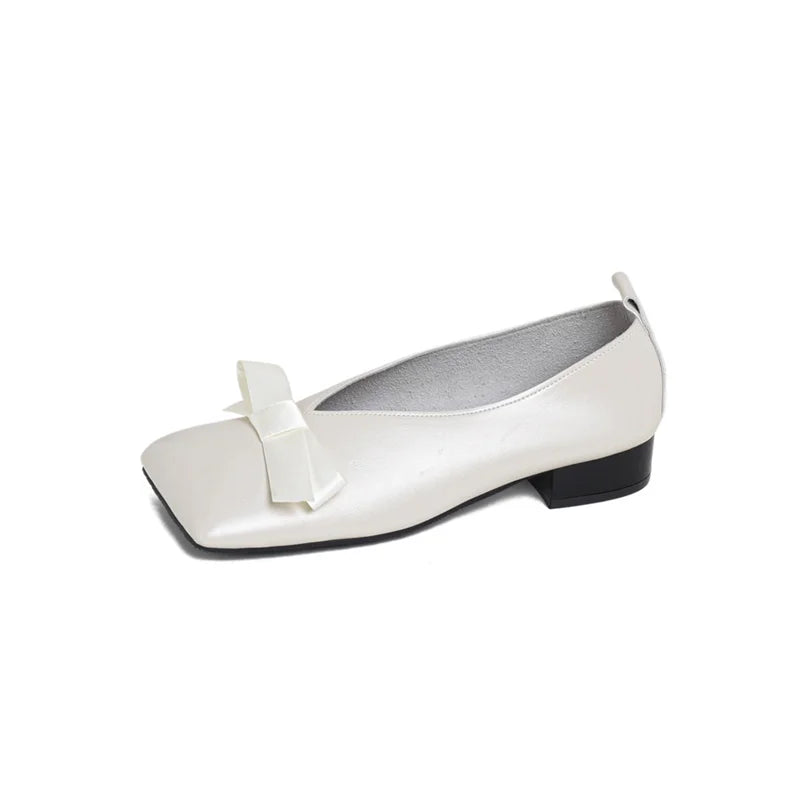 Fashion Women's Basic Black Soft Leather Ballet Shoes Flat Shoes Square Toe Shallow Bow Ballet Single Shoes
