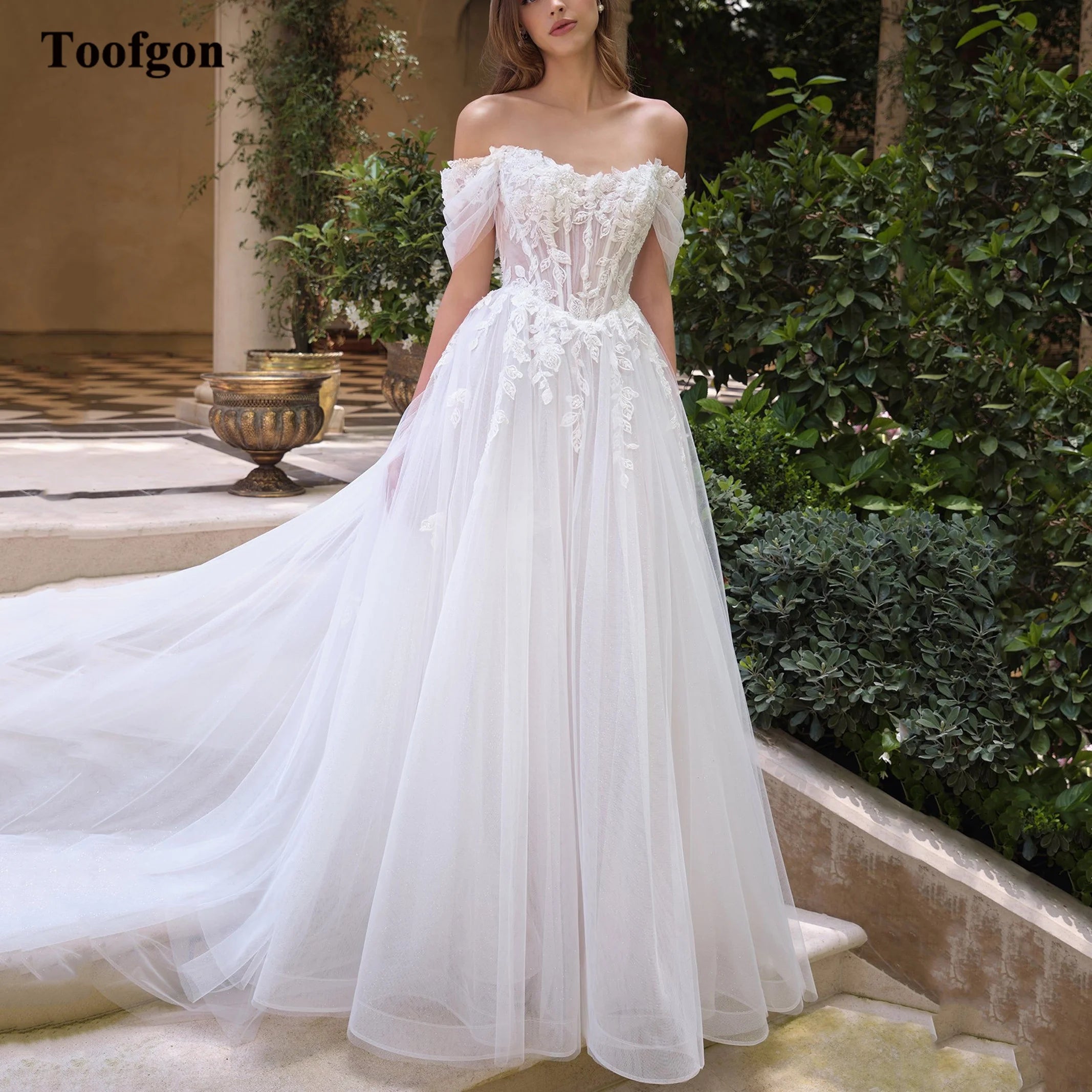 Toofgon Shiny Boho Appliques Lace Customized Wedding Dresses See Through Top Formal Party Bride Dress Country Long Bridal Gowns
