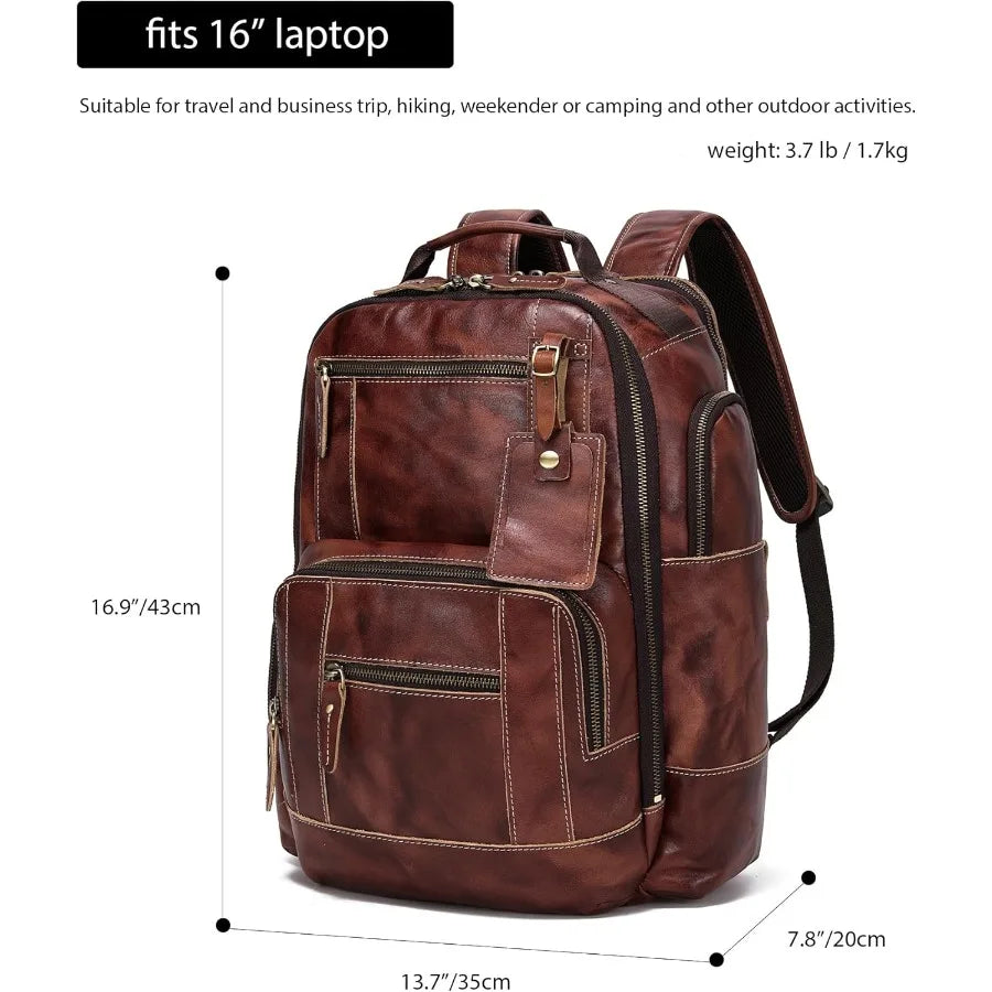 LANNSYNE Full Grain Leather Backpack For Men Fits 16" Laptop Coffee