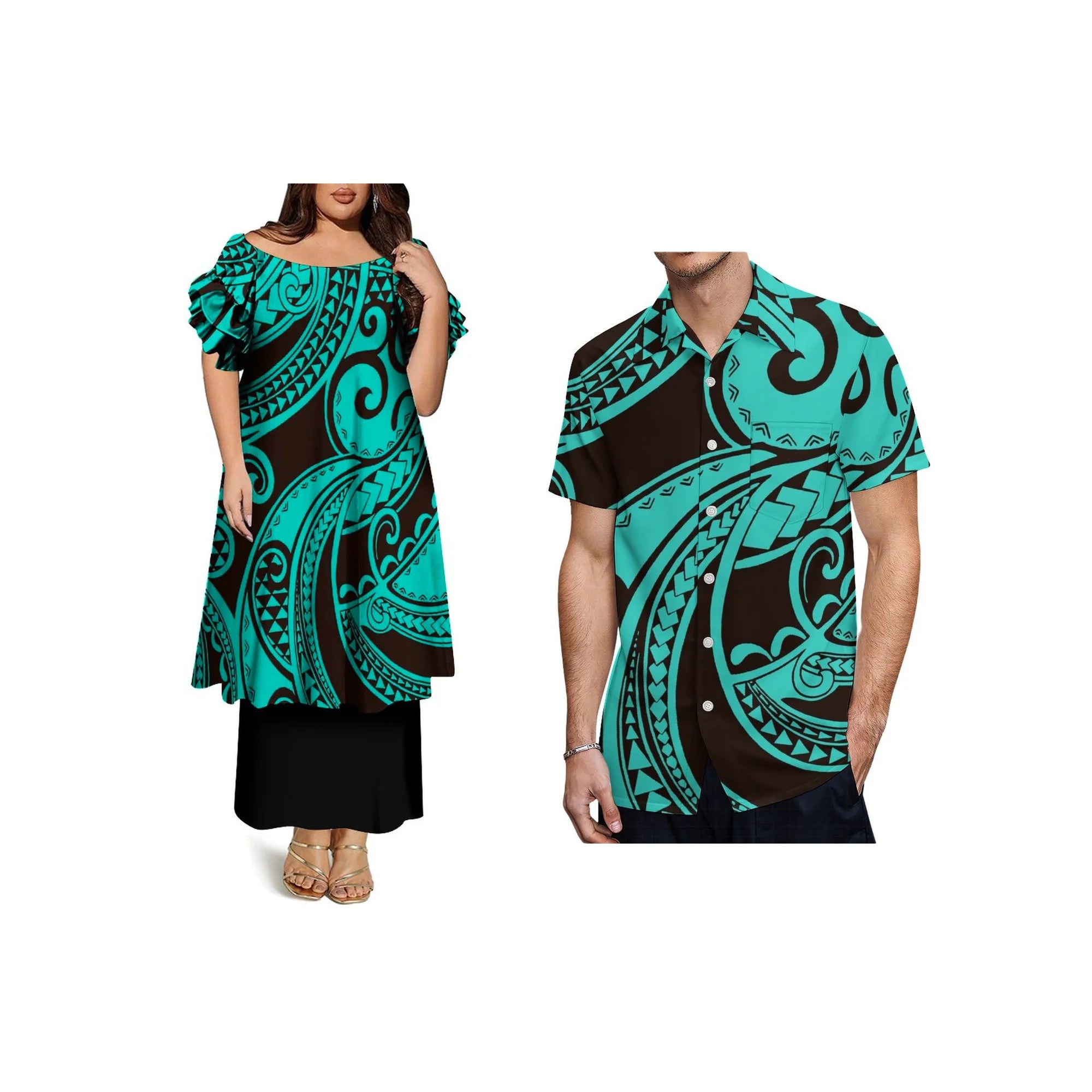 Custom Frill Short Sleeve Womens Dress Polynesian Samoan Puletasi Dress 2 Piece Pacific Island Design Off the Shoulder Dress