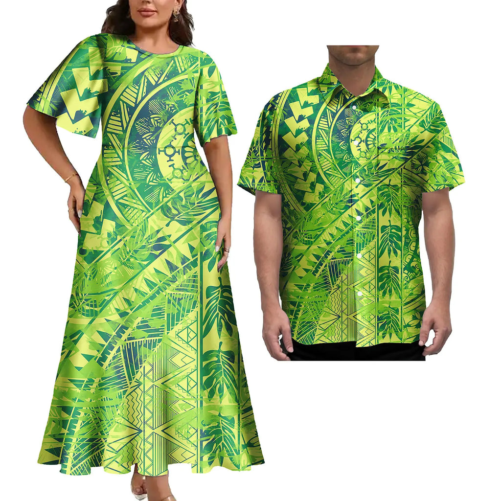 Latest Plus Size Couple Clothing Polynesian Tropical Print Women's Casual Dress Island Style With Matching Men's Hawaiian Shirt
