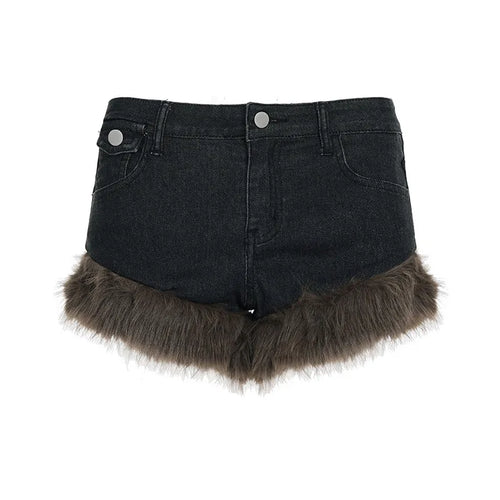 2025 Winter New Retro Fluffy Splicing Denim Shorts Spice Girl Warm Fashion Low Waist Hip Hot Pants Women