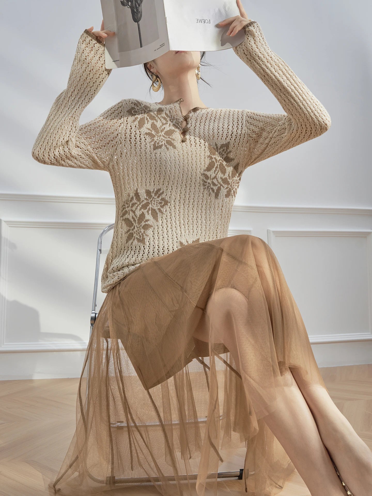 Early Autumn Knitted Long Sve Top Casual Hollow out Sun Protection Cover up Slimming Color Blo Vintage Anti-Aging