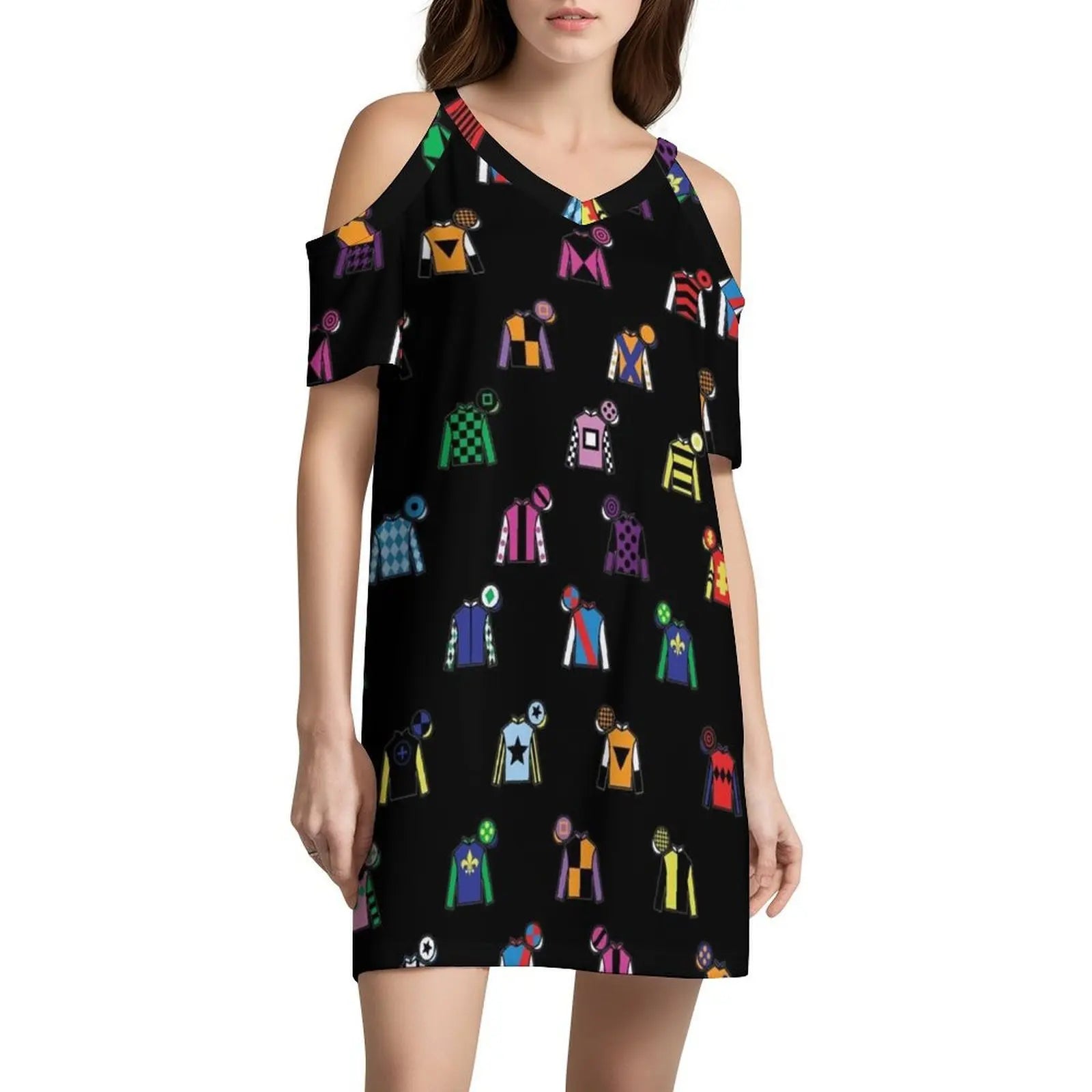 Horse Racing Jockey Silk Print Black Boho Chic Dress Elegant Fashion Beach Wedding Party Gown Horse Racing Derby Horse Racing