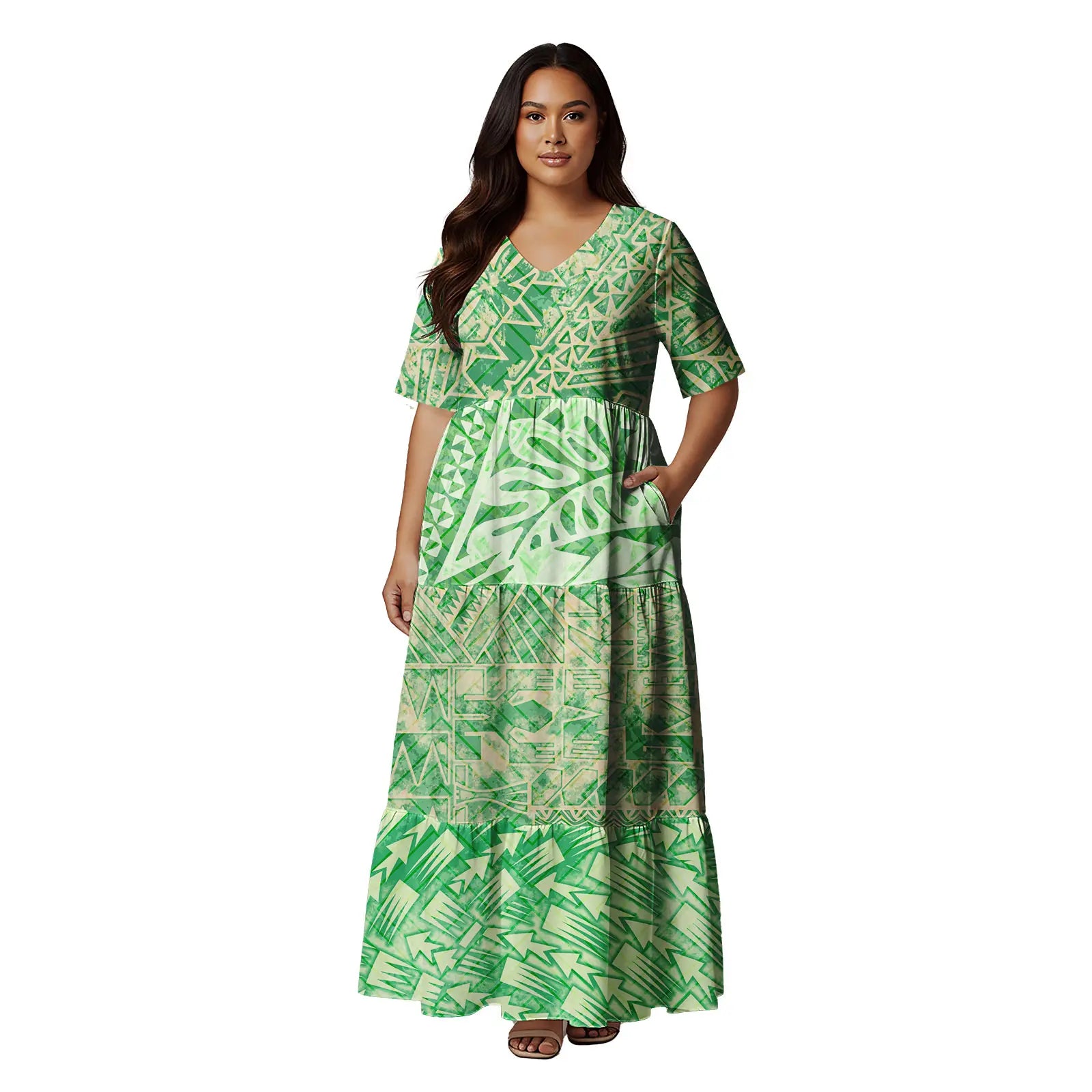 Short Sleeve Hawaii Tropical Floral Pattern Tiered Cake Dress Maxi Polynesian Clothing Tribal Is land Fiji Tonga Church Dress