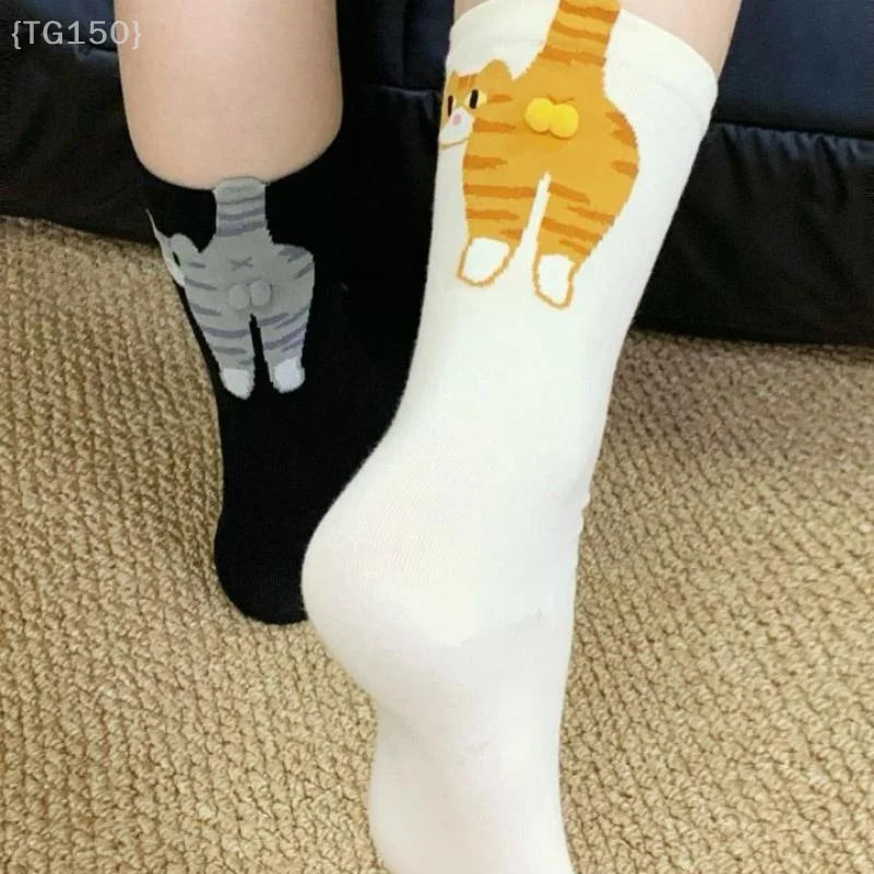 【N】 1/2 Pair Cartoon Cute Cat Balls Cotton Socks, Kawaii Lolita Knitting Middle Tube Socks with Cat Butt Print