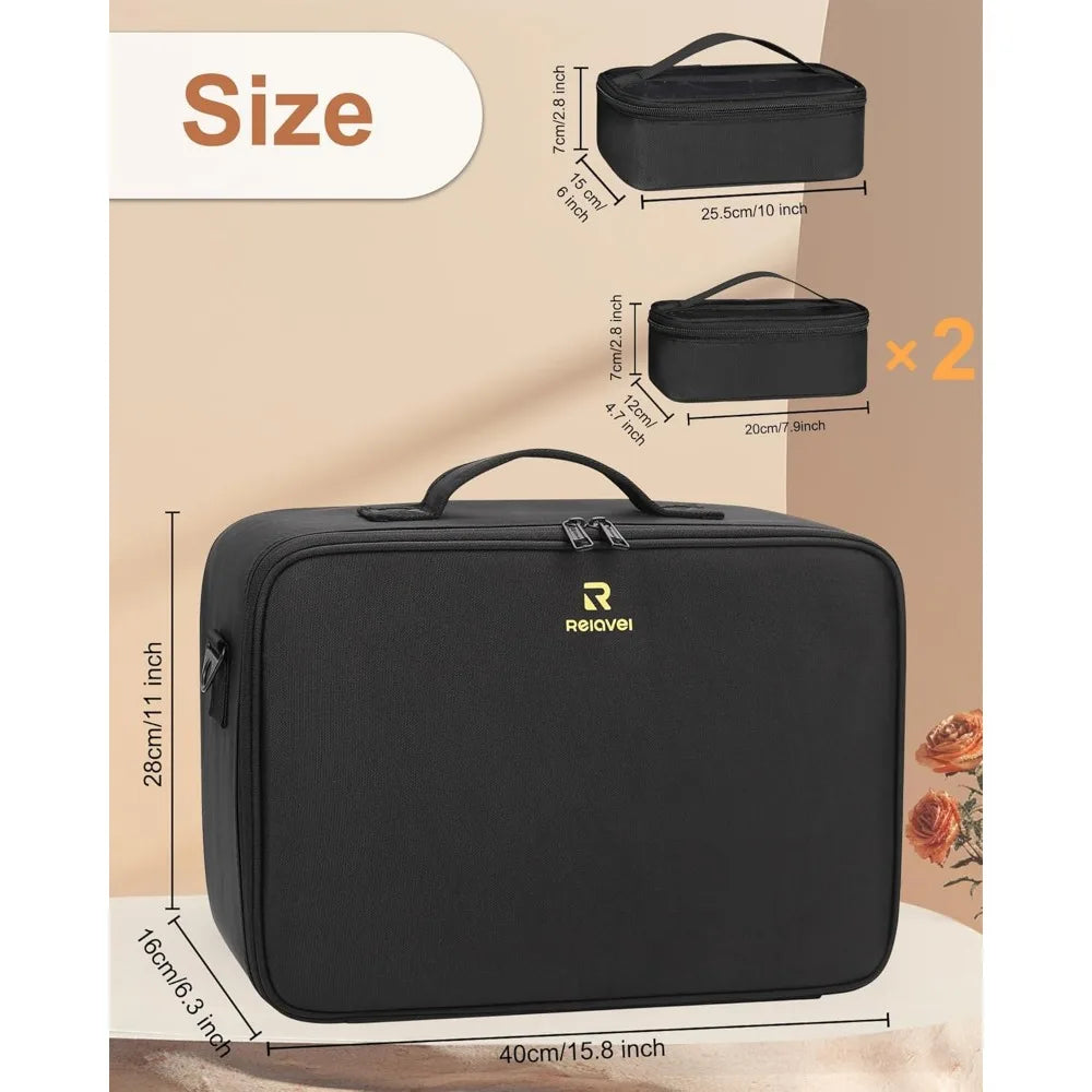 Large Makeup Bag with 3 Removable Pouches, Adjustable Dividers & Brush Holder - Professional Travel Cosmetic Organizer Case