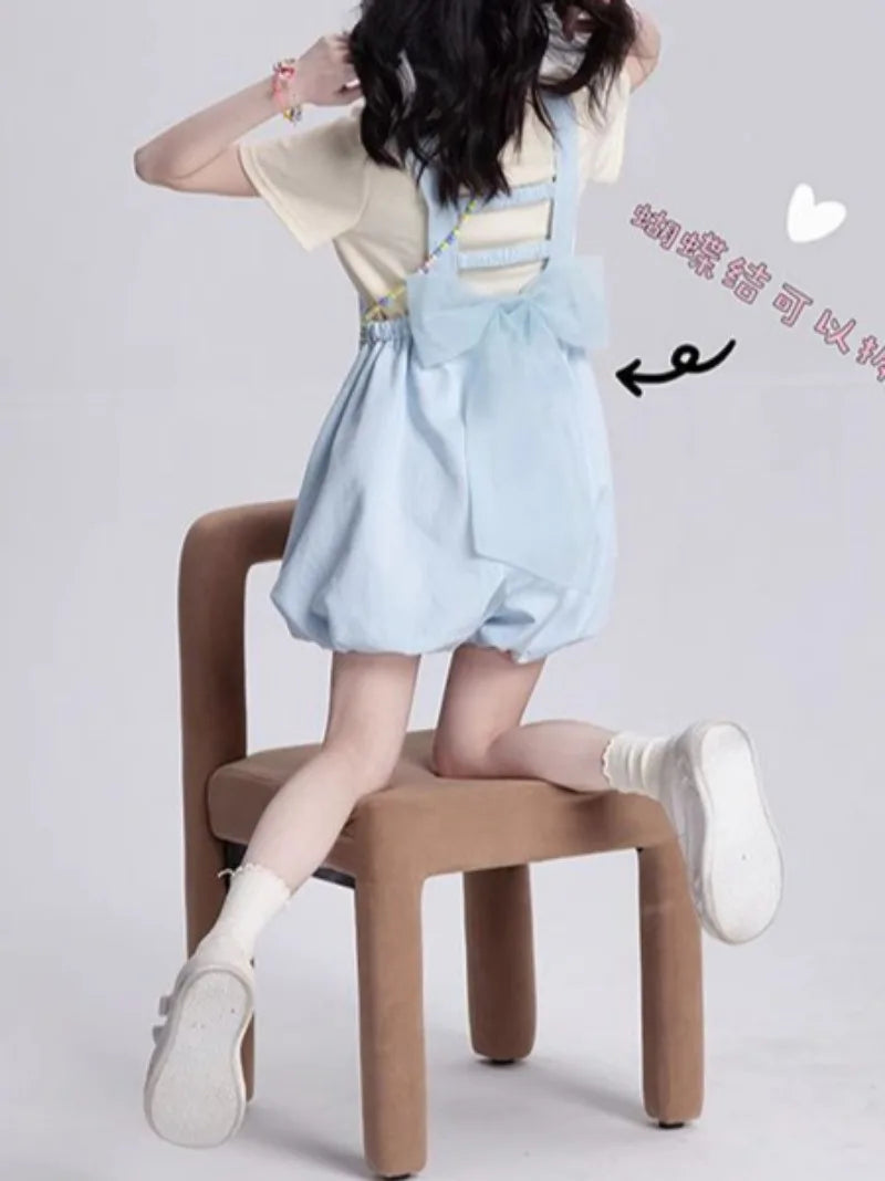 Kawaii Dopamine Japanese Girl Short Suspender Pants Students 2025 New Wear Loose Cute Bud Light Blue Strap Shorts Female