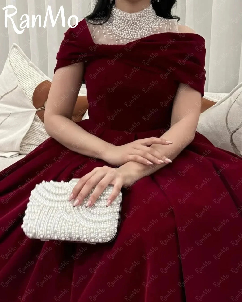 Ranmo 2025 Elegant Velvet Off Shoulder A-line Evening Dress Beading Short Sleeves Customized Dubai Mermaid Occasion Prom Dress